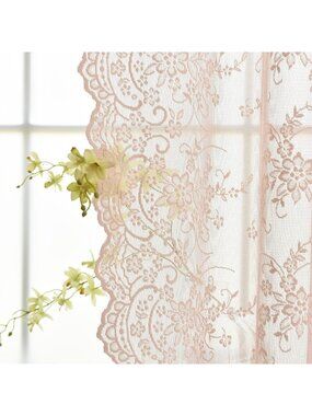 Blush Pink Lace Curtains 84" Long, Floral Embroidery Sheer Drapes for Girls